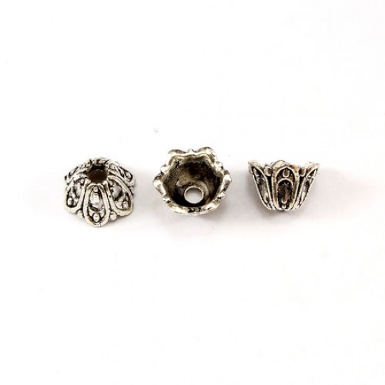 Bead cap, antiqued Silver-finished inchpewterinch (zinc-based alloy), 6x9mm flower, Sold per pkg of 50pcs.
