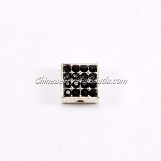 Pave square beads, 10mm, silver, Black Rhinestone, sold per bag of 12 pcs