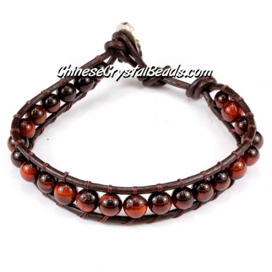 Beaded Wrap Bracelet, 6mm red tiger eye beads, 6.5inch