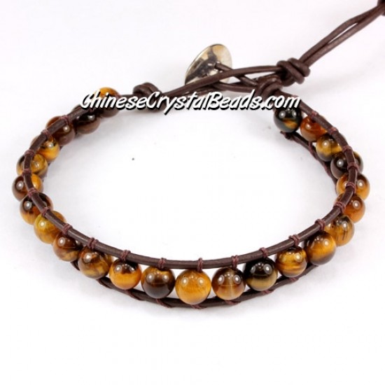 Beaded Wrap Bracelet, 6mm yellow tiger eye beads, 6.5inch