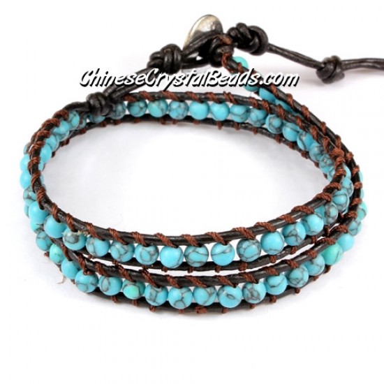 Beaded Wrap Bracelet, 4 turquoise beads, 12.5inch