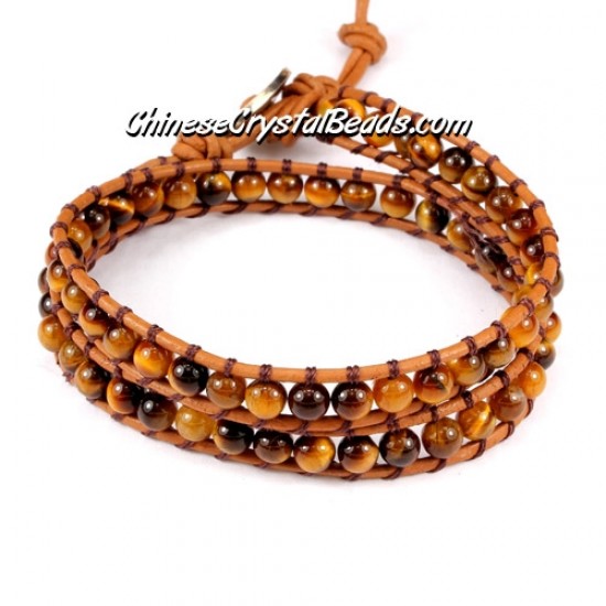 Beaded Wrap Bracelet, 4mm tiger eye beads, 12.5inch