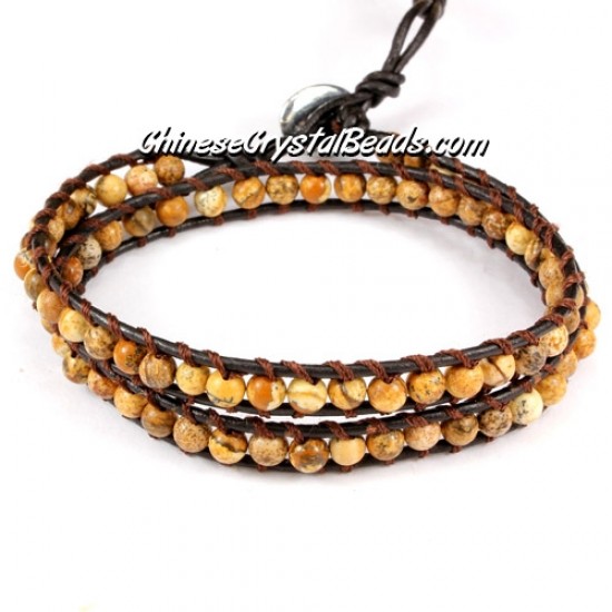 Beaded Wrap Bracelet, 4mm landscape stone beads, 12.5inch