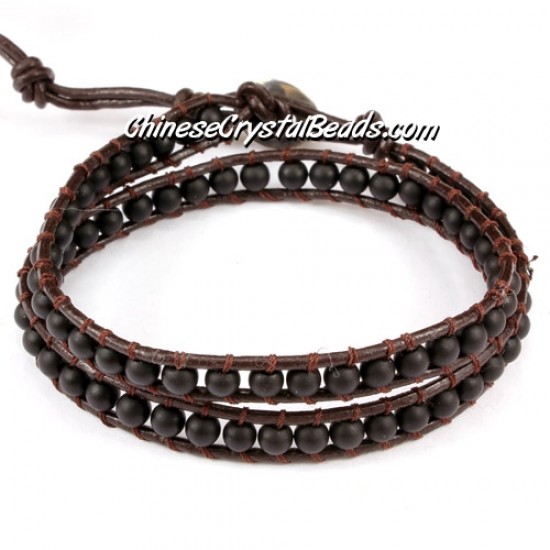 Beaded Wrap Bracelet, 4mm Black Frosted agate beads, 12.5inch