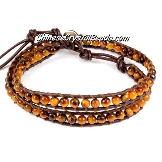 Beaded Wrap Bracelet, 4mm yellow tiger eye beads, 12.5inch