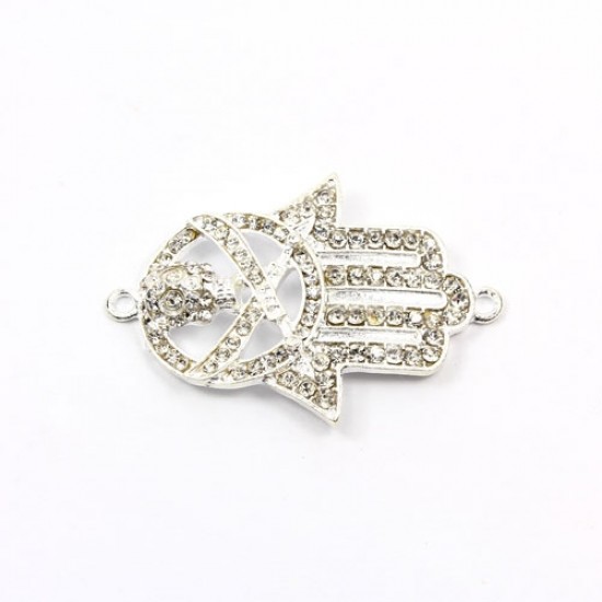 Hand of Fatima pendant, silver-plated brass, 30x44mm, clear rhinestone, Sold individually.