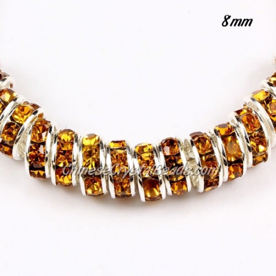 8mm Rondelle spacer, silver plated, Amber (crystal Rhinestone), hole 1.5mm, 50 piece