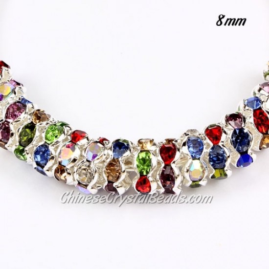 8mm Rondelle spacer, waviness, silver plated, mix color(Crystal Rhinestone),  hole 1.5mm, 50 piece