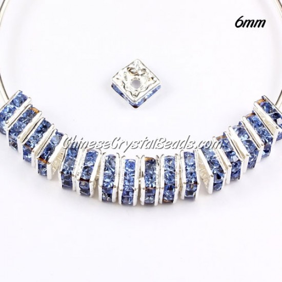 6mm crystal rhinestone inchsquareinch rondelle spacers, silver-plated, light sapphire rhinestone, 20pcs