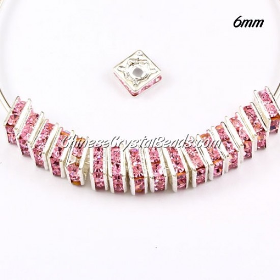 6mm crystal rhinestone inchsquareinch rondelle spacers, silver-plated, pink rhinestone, 20pcs