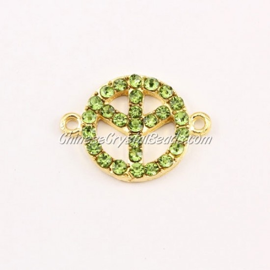 Peace Sign, pave Diamond pendant,18mm, hole 1.5mm, gold plated, green tree