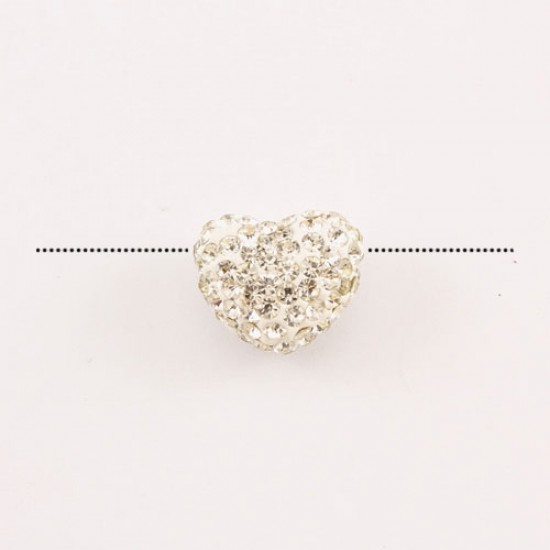 Pave heart beads, clay, 13x15mm, 1.5mm hole, white 2, 1pcs