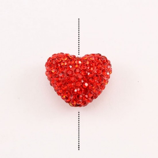 Pave heart beads, clay, 17x20mm, 1.5mm hole, Red, 1pcs
