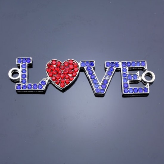 Pave accessories, silver plated, love, red heart, sapphire, 1x13x53mm, Sold individually.
