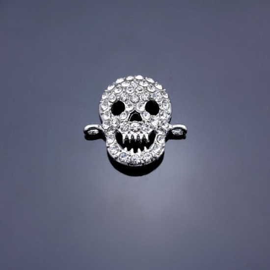 Pave Skull Pendant, hole 2mm,  22x23mm, silver plated