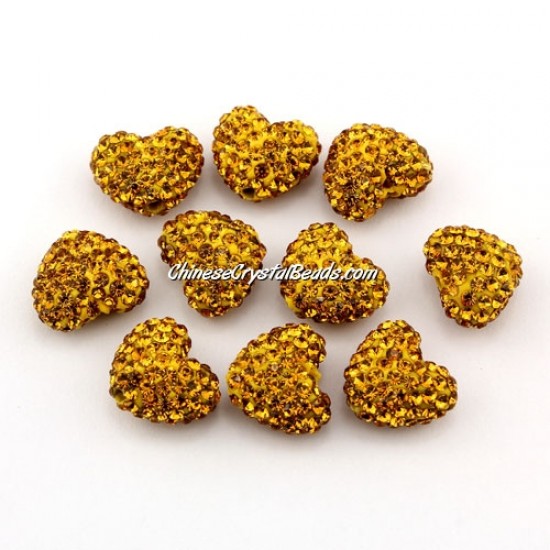Pave heart beads, clay, 13x15mm, 1.5mm hole, amber, 1pcs