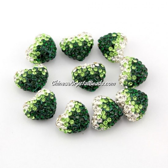 Pave heart beads, clay, 13x15mm, 1.5mm hole, emerald gradient, 1pcs