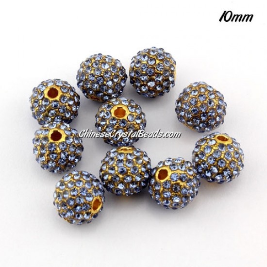 alloy pave disco beads, 10mm, 1.5mm hole,  80pcs lt-sapphire crystal stone, gold plated, sold 10 pcs