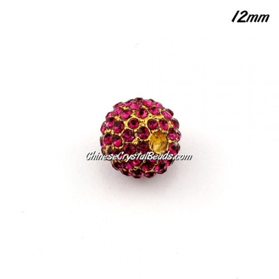 alloy pave disco beads, fuchsia crystal stone, 12mm, 2mm hole, sold 9pcs