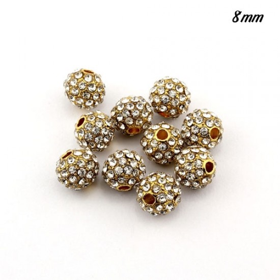 alloy pave disco beads, 8mm, 1.5mm hole,  clear crystal stone, gold plated, sold 10 pcs