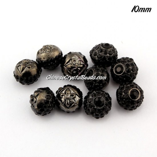 Alloy rondelle Pave disco beads, 10mm, 1.5mm hole, black, sold 10pcs