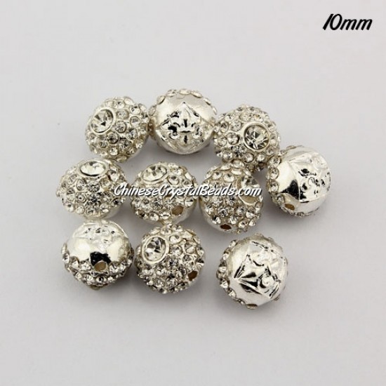 Alloy rondelle Pave disco beads, 10mm, 1.5mm hole, silver, sold 10pcs