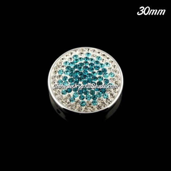 CCB bottom clay Pave round coin beads, have 2 hole, 30mm, Aqua, 1pcs