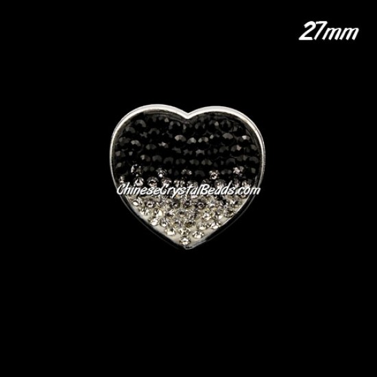 CCB bottom clay Pave heart coin beads, have 2 hole, 27mm, black, 1pcs