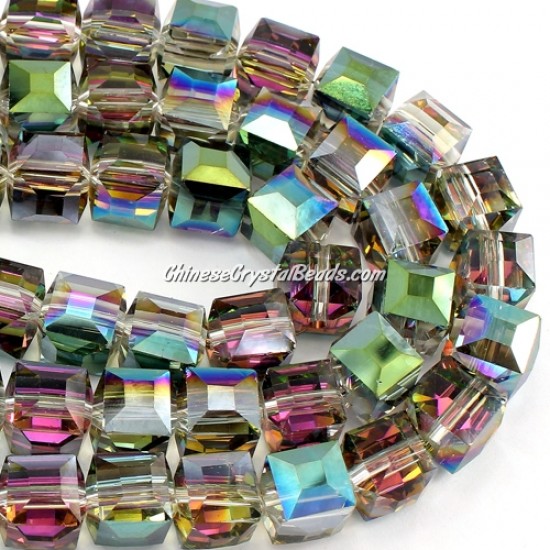 crystal cube beads, 10mm, Green light and plum, sold per pkg of 20pcs