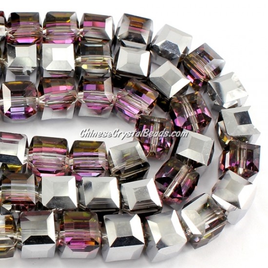 crystal cube beads, 10mm, silver light and plum, sold per pkg of 20pcs