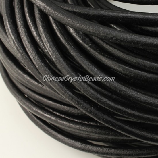 3mm round leather cord,  Black, (Sold by the meter)