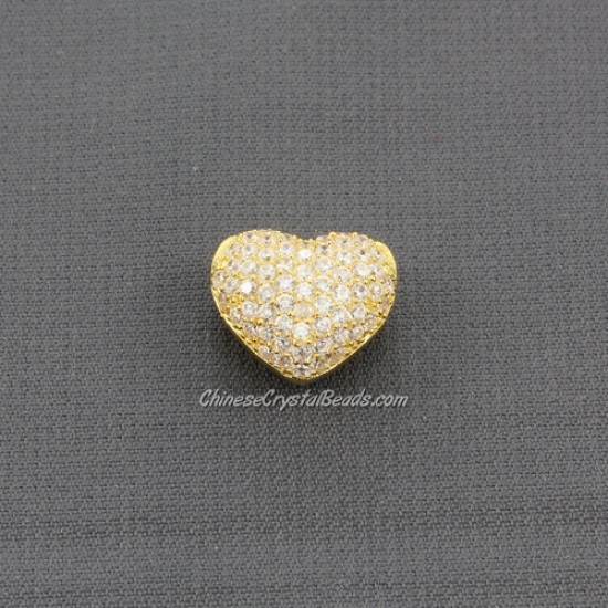 Cubic Zirconia Pave Beads, heart, 9x12x14mm, hole: 3mm, 18k gold plated, 1 pieces