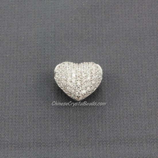 Cubic Zirconia Pave Beads, heart, 9x12x14mm, hole: 3mm, 18k platinum plated, 1 pieces