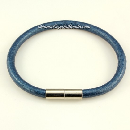 Fashion leather stainless steel Magnetic Bracelet, 5mm round leather, Pearlescent color blue, 7.5 inch