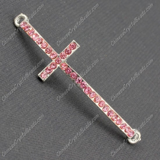 Pave cross Charms, alloy silver plated, 14x50mm, hole: 2mm, pink, 1pcs