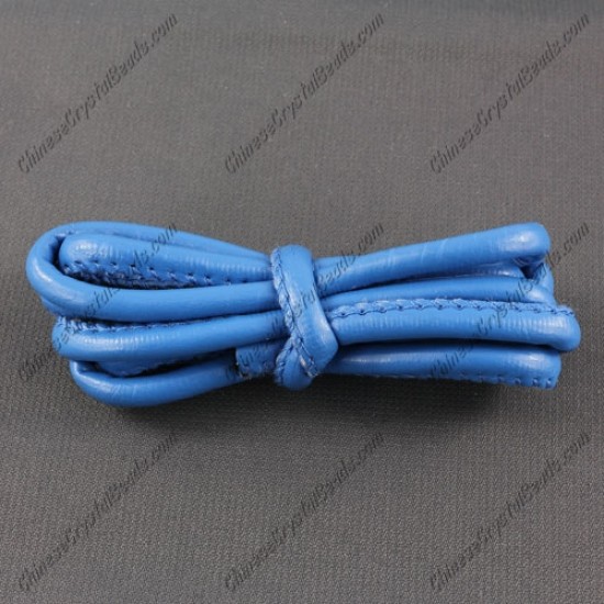 Stitched Nappa Round Leather Cord, 5mm, Azure, (Sold by the meter)