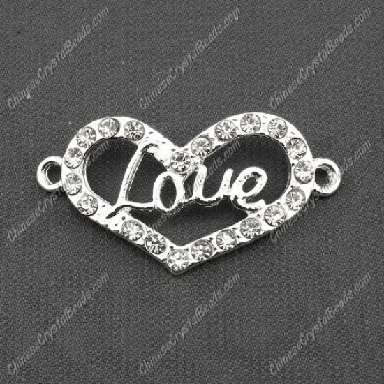 pave love heart Charms, 41x22mm, silver, 1 pcs