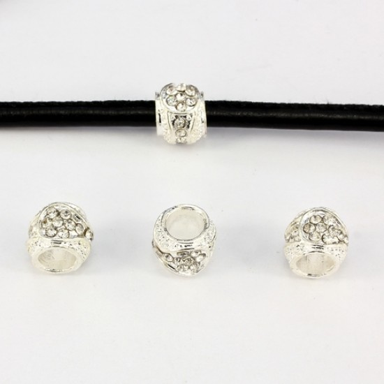 Alloy European Beads, #001, 11x9mm, hole:6mm, pave clear crystal, silver plated, 1 piece