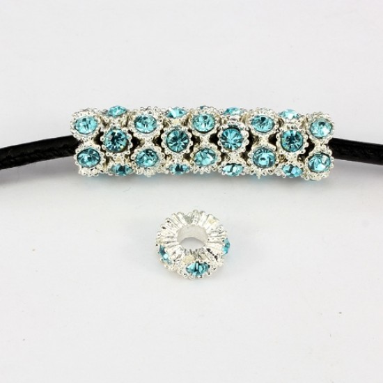 Alloy European Beads, flower, 5x13mm, hole:5mm, pave aqua crystal, silver plated, 1 piece