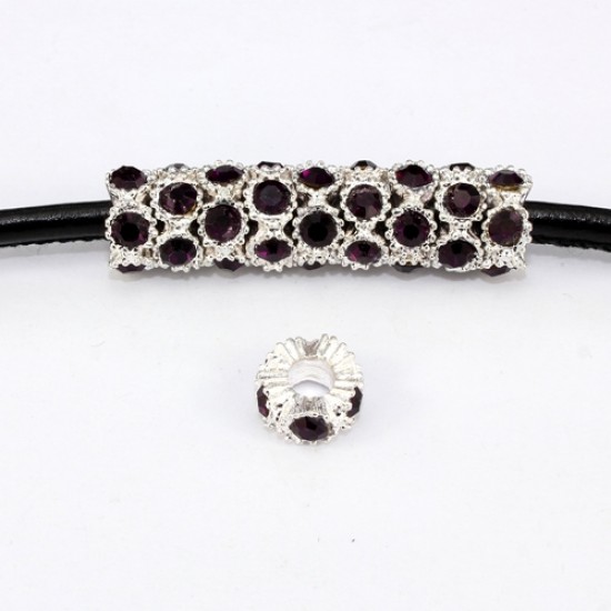 Alloy European Beads, flower, 5x13mm, hole:5mm, pave purple crystal, silver plated, 1 piece