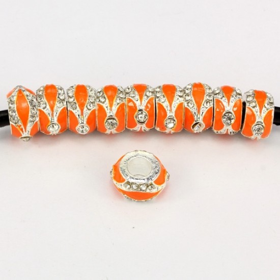 Alloy European Beads, rondelle, 7x14mm, hole:5mm, pave clear crystal, orange painting, silver plated, 1 piece