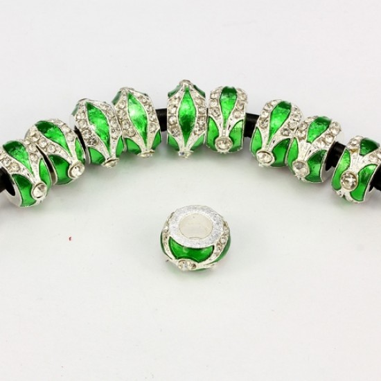 Alloy European Beads, rondelle, 7x14mm, hole:5mm, pave clear crystal, green painting, silver plated, 1 piece