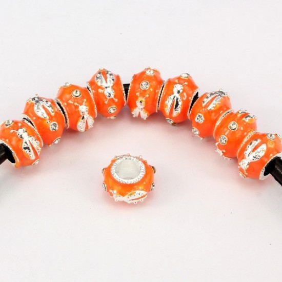 Alloy European Beads, beetle, 9x13mm, hole:6mm, pave clear crystal, orange painting, silver plated, 1 piece