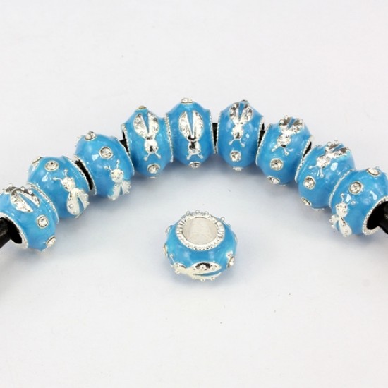 Alloy European Beads, beetle, 9x13mm, hole:6mm, pave clear crystal, aqua painting, silver plated, 1 piece