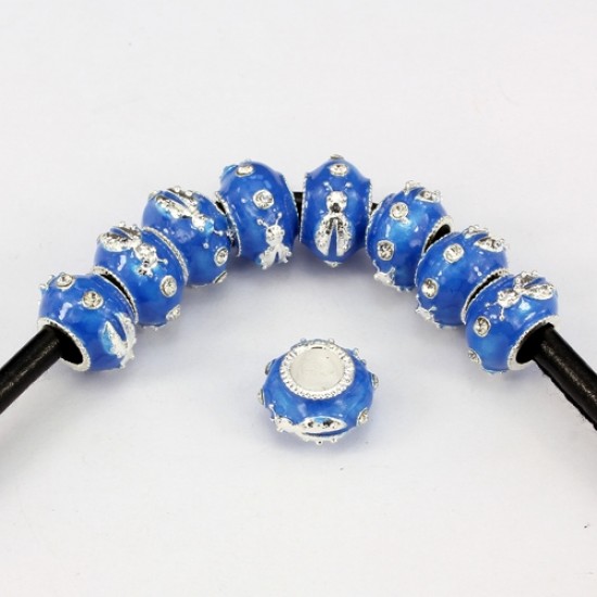 Alloy European Beads, beetle, 9x13mm, hole:6mm, pave clear crystal, blue painting, silver plated, 1 piece