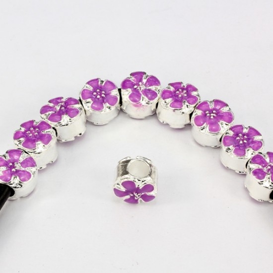 Alloy European Beads, flower, 9x10x11mm, hole:5mm, purple painting, silver plated, 1 piece