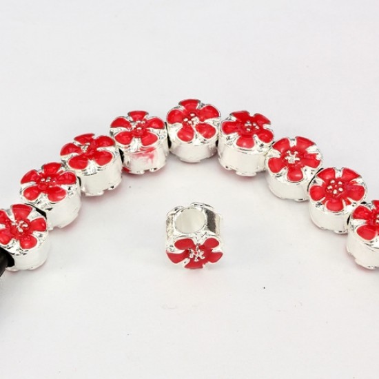 Alloy European Beads, flower, 9x10x11mm, hole:5mm, red painting, silver plated, 1 piece