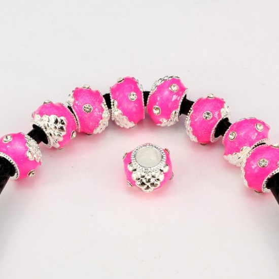 Alloy European Beads, rondelle, 9x13mm, hole:6mm, pave clear crystal, pink painting, silver plated, 1 piece