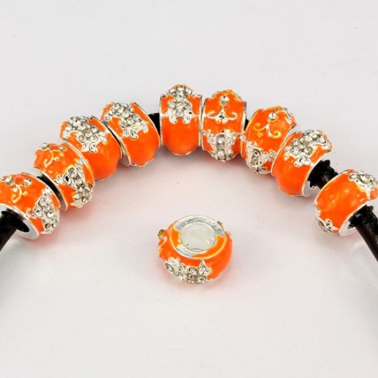 Alloy European Beads, cross, 8x13mm, hole:6mm, pave clear crystal, orange painting, silver plated, 1 piece