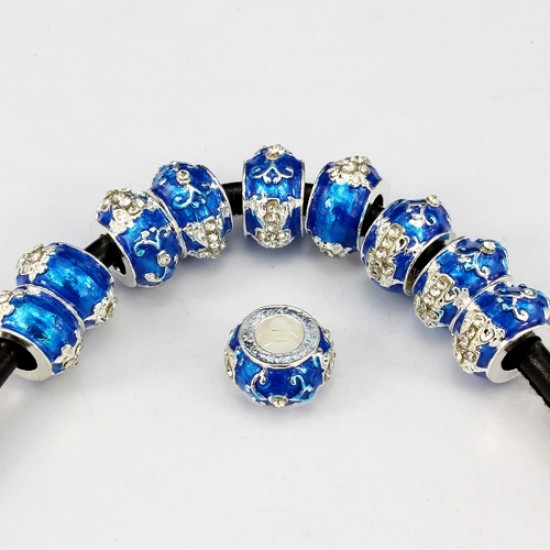 Alloy European Beads, cross, 8x13mm, hole:6mm, pave clear crystal, blue painting, silver plated, 1 piece